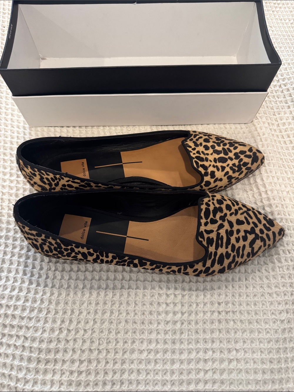 Dolce Vita Leopard Print Pointed Toe Flats in Tan and Black